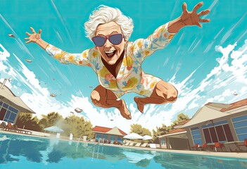 Old woman jumping into swimming pool.