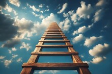 A Wooden, Sturdy Ladder Extending Up Into An Open, Vibrant Blue Sky