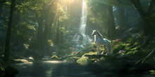 Mystical Magical Forest Where The Unicorn Feels Safe - Beautiful White Unicorn Stood Beside A Deep Dark Pool With A Waterfall In The Background Soft Light And Trees For Shade
