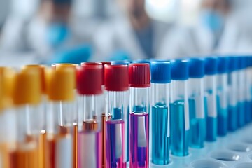 Test tube rows of colorful tubes filled with liquids in a laboratory setting, representing a vibrant blend of science, medicine, and research equipment