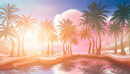 Wall Mural - seascape with palm trees at sunset, neon, silhouettes of palm trees, reflection in the water.