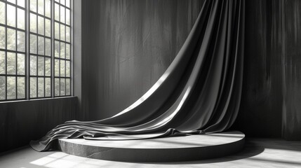 Poster - Stylish black cloth drapery podium for product display. 3D smartphone mockup.