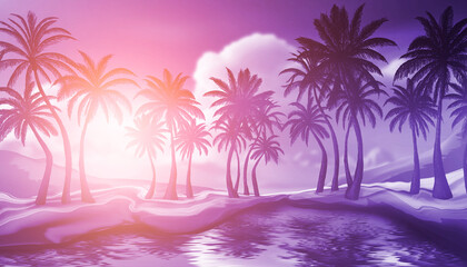 Wall Mural - seascape with palm trees at sunset, neon, silhouettes of palm trees, reflection in the water.