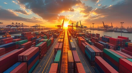 Aufkleber - An image of a Container Cargo ship and Cargo plane with a working crane bridge in a shipyard at sunrise, a glimpse into the logistics, import/export, and transport industry