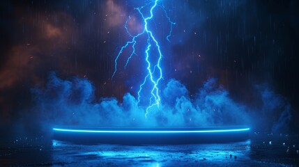 Poster - An empty podium scene for a product presentation with blue dramatic lighting strikes