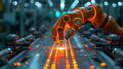 Poster - With the help of UI monitoring system software, engineer hand checks and controls welding robotics automatic arms icon in intelligent factory automotive industrial.