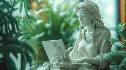 Poster - Illustration of woman sculpture using laptop with stock trading graph, growing strategy chart, business concept. 3D rendering.