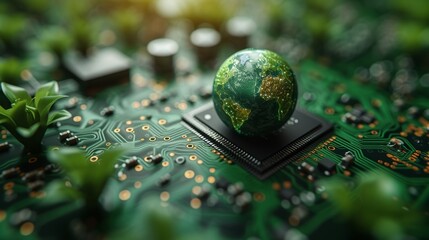 Aufkleber - The concept of green technology. green world icon on circuit boards. Environment Green Technology Computer Chip.Green Computing and Technology, CSR, and IT ethics.