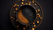 Top view 3d render of a gold coffee on a black background. Generative AI.