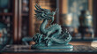 Ancient artwork of chinese dragon in green statue on a table with dark navy and light gold color