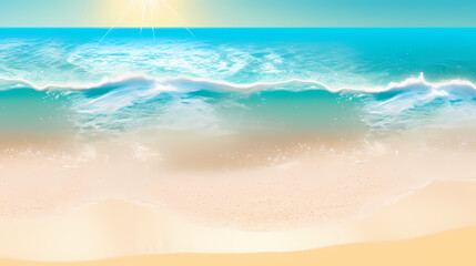  Sandy beach with light blue transparent water waves and sunlight, tranquil aerial beach scene