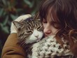 © Ekaterina Chemakina - A young beautiful woman hugs a tabby cat on the street. Portrait of a girl hugging a cat. Horizontal outdoors photo.