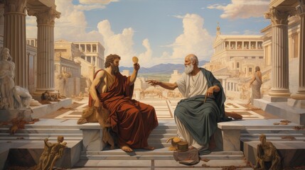 An intense atmosphere of intellectual discourse as Greek and Roman philosophical figures engage in a spirited debate.