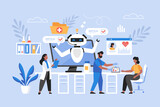 Fototapeta  - Artificial intelligence in medicine business concept. Modern vector illustration of doctor using AI technology to search medical data and help patient diagnosis and  treatment