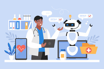 Wall Mural - artificial intelligence in medicine business concept. modern vector illustration of doctor using ai 