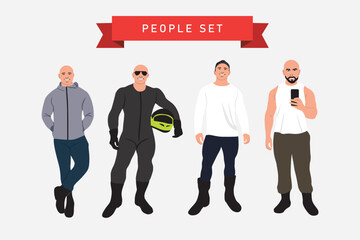 Set of men in sportswear. Flat style vector illustration.