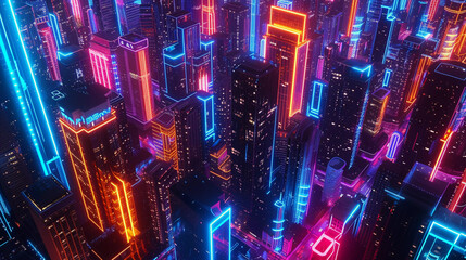 3d render sky view of a futuristic sci-fi metropolis with skyscrapers with neon blue,pink,yellow light background. cyberpunk,futuristic city concept.