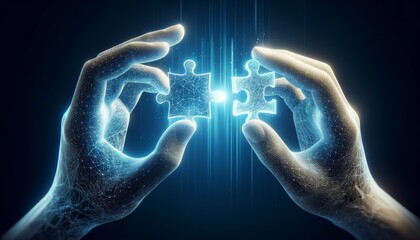 two digital hands connect two glowing puzzle pieces together