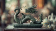 Ancient artwork of chinese dragon in green statue on a table with dark navy and light gold color