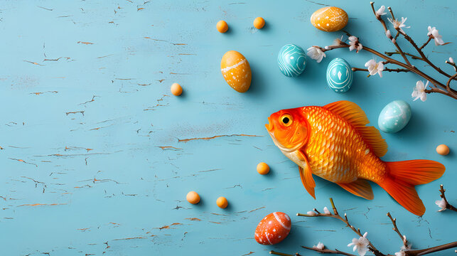 Gold Fish Surrounded by Easter Eggs on Blue Background