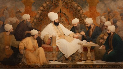 An ancient painting portraying the Khalifa or Muslim sultan, exuding power and authority in its depiction.