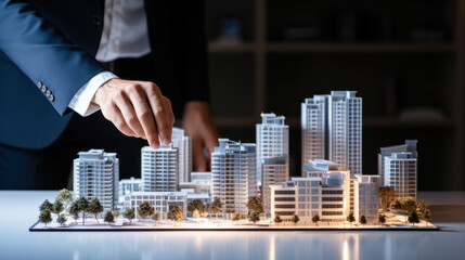 Close up hands of male architects or developer analysing joint project for a future residential complex.