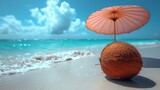 Fototapeta Natura - A Coconut and Umbrella on the Beach, Relaxing with a Coconut and Umbrella by the Ocean, An Exotic Beach Scene with Coconut and Umbrella, Coconut and Umbrella: The Perfect Beach Companions.