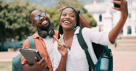 Poster - University, friends and students smile for selfie on campus for learning, education and studying. College, academy and happy man and woman take picture for social media, online post and memory