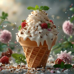 Poster - Delicious ice cream cone with fresh berries and whipped cream. ideal for summer treats and desserts. vibrant, colorful photography style. AI