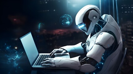 humanoid robot working on computer, android worker technology concept