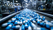 Capsules of blue flowers move along the conveyor of a modern pharmaceutical plant. Tablet production process. Medicine, technology concept.