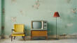 Analogue old vintage retro style TVset, yellow armchair, floor lamp near wallpaper wall art deco style living room. Media services, new digital world, end of analog devices, streaming services concept
