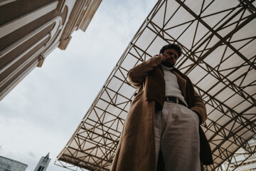 Wall Mural - A thoughtful young adult in a fashionable coat and sweater checking his phone, framed by interesting architectural details.