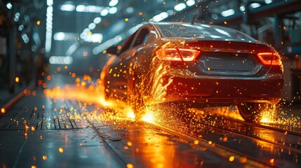 Poster - An automobile production line's welding arm is in use