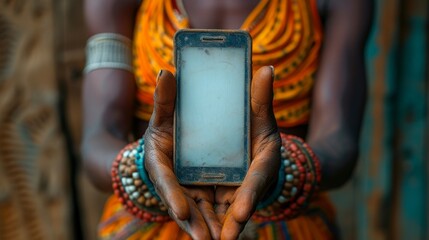 Poster - A mature african hand shows off a modern smartphone with an empty screen, isolated on white background. Black woman shows off an empty modern phone screen.