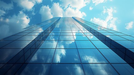 Fototapete - This is a perspective of a highrise building and a dark steel window system with clouds reflecting on the glass. This is a business concept of future architecture, looking up at the angle of the