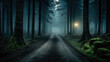 © Japanese_Brush - a long street in a forest at night, wallpaper