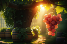 Grapes, A Bunch Of Ripe Grapes Hang On Vines In A Lush, Sun-drenched Vineyard.
