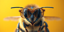 Close-Up Of A Stylish Bee Wearing Sunglasses On A Vibrant Yellow Background: High-Quality, Detailed Insect Photography Capturing The Whimsical Side Of Wildlife