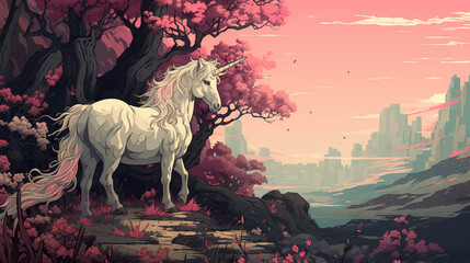 Wall Mural - beautiful white unicorn standing on a hill in an asian inspired landscape, 2d pixelart style