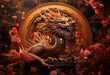 Golden statue of an angry Chinese dragon in 3D in front of an arc