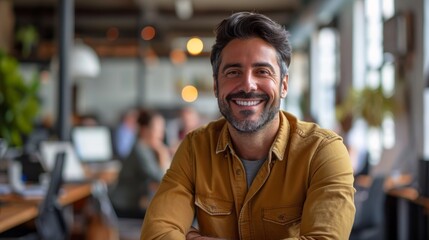 Wall Mural - Realistic portrayal of a man in an office setting, smiling cheerfully during a team meeting or brainstorming session Generative AI