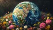 Realistic representation of planet Earth featuring continents adorned with blossoming flowers of various colors and species, providing an artistic portrayal of the world's floral richness and ecologic