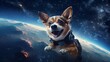 dog was floating in space in complete silence. Its body was clearly visible against the circular black background space.It looks friendly and calm.like you're walking in world you've never seen before