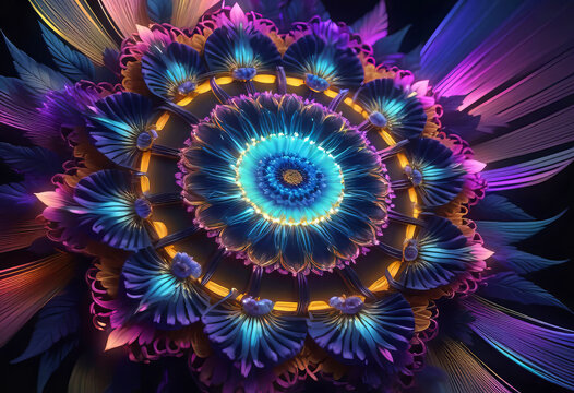 Fantastic neutron electron flowers with neon light, fantasy art,