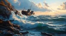 Cargo Ship Passing By Rocky Cliffs, Turbulent Waves, Detailed And Dynamic Photorealistic Depiction Generative AI