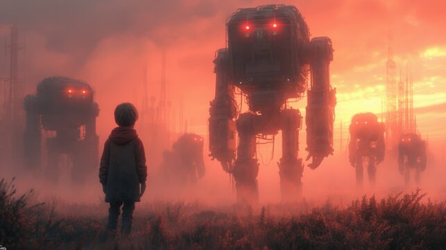 Boy watch giant robots invasion. Rise of Machines concept. Scary future. Cyborg attack city. Post apocalypse. Technology destroy world. Artificial intelligence war. Little kid stare large transformer.