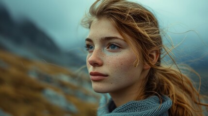 Poster - Conceptual image capturing a girl's close-up in the mountains, her hair gently blowing in the mountain winds against the picturesque backdrop Generative AI