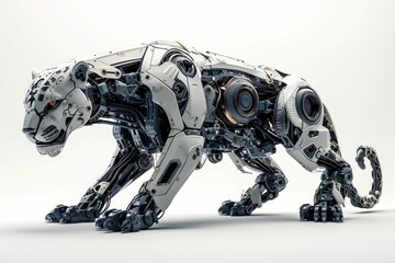 Aufkleber - Conceptual image of a cybernetically enhanced jaguar with robotic limbs and technological upgrades, set against a clean white background Generative AI
