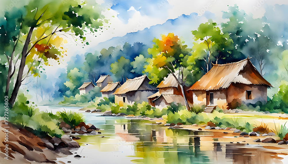 Beautiful watercolor of Indian village, houses against green forest ...